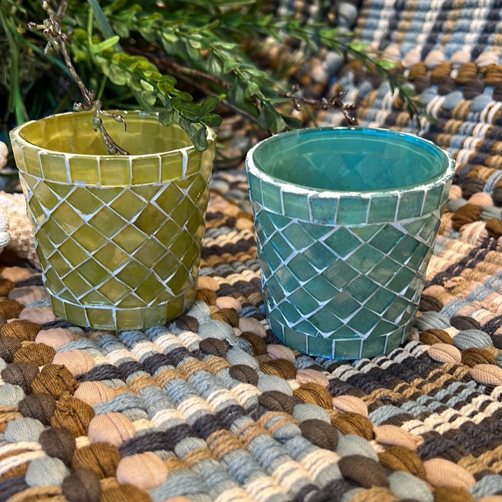 Hallmark Mosaic Candle Holders. Set of 2. Blue & Green New in Box